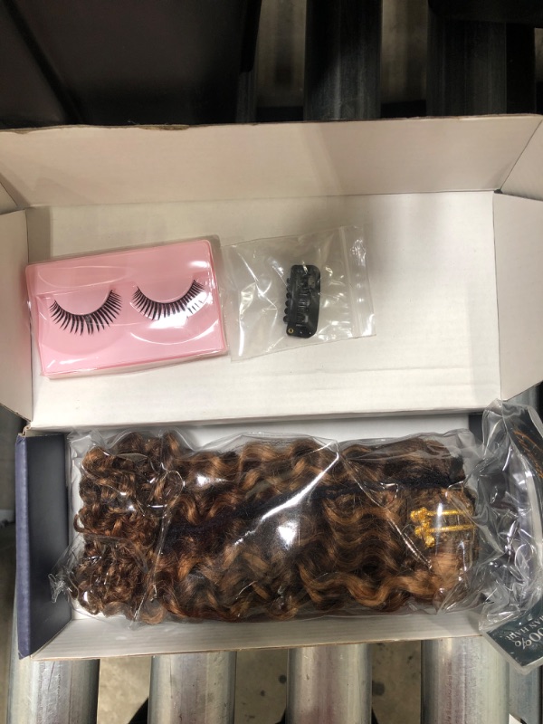 Photo 1 of Anrosa Real Hair Extensions Clip In Human Hair Double Weft Natural Hair Clip In Hair Extensions Color #4 Dark Brown Mixed with #27 Strawberry Blonde Jerry Curly Thick Hair 14 inch 120 gram
