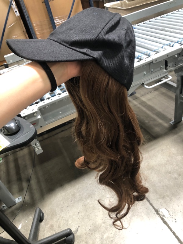 Photo 2 of AynnQueen Baseball Cap with Hair Extensions for Women Adjustable Hat with Synthetic Hair Attached 24inch Long Wavy Hair Black Baseball Cap (Light Brown)