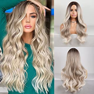 Photo 1 of HANYUDIE Ombre Blonde Wig Long Wavy Wig For Women Middle Part Wavy Wigs Synthetic Heat Resistant Party Wigs (Ombre Ash Blonde)
