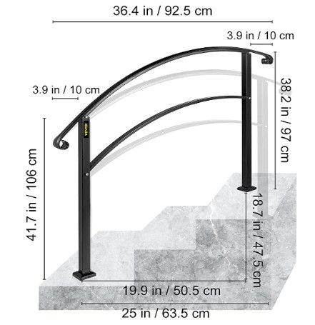 Photo 1 of Happybuy Handrails for Outdoor Steps, Fit 1 or 3 Steps Outdoor Stair Railing, Black Wrought Iron Handrail, Flexible Front Porch Hand Rail, Transitional Handrails for Concrete Steps or Wooden Stairs

