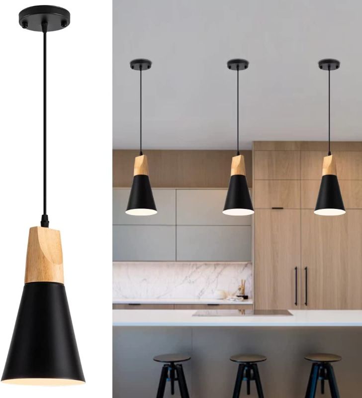 Photo 1 of (GREY) Modern Metal Pendant Lighting Industrial Hanging Mini Light Fixture Wood Pendant Lamp for Kitchen Island, Dining Room, Barn, Bar, Hallway Black 1 Pack
