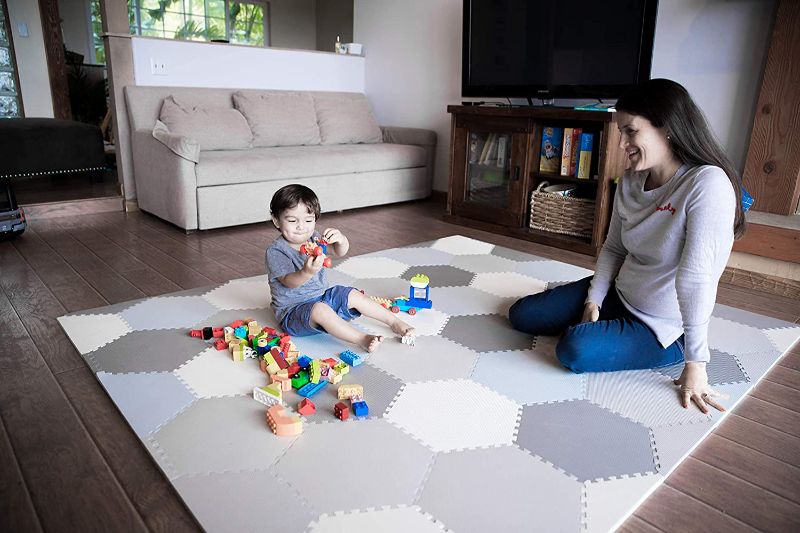 Photo 1 of Baby Brielle Play Mat - 38 Pieces Non-Toxic Extra-Thick Kid's Puzzle Exercise Activity Mat - Soft EVA Foam Interlocking Hexagon Floor Tiles, Grey & White, 48” x 72”
