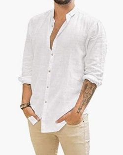 Photo 1 of JEKAOYI Mens Long Sleeve Casual Cotton Linen Shirts Buttons Down Summer Solid Plain Beach Yoga T Shirts, XL