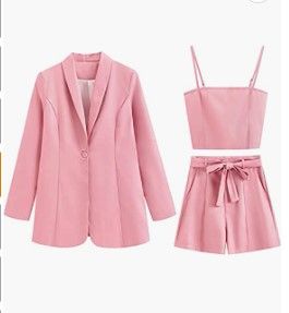 Photo 1 of 3 Piece Blazer Sets for Women Open Front Button Blazer + Crop Tops + Shorts Bottoms with Belt Business Suit Sets