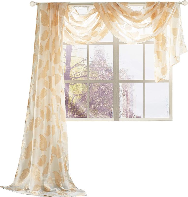 Photo 1 of 1 Piece Gold Yellow Jacquard Voile Window Scarf Curtain Sheer Leaves Jacquard Bedroom Drapes 52 inch Wide by 216 inch Length 1 Panel Sheer Scarf