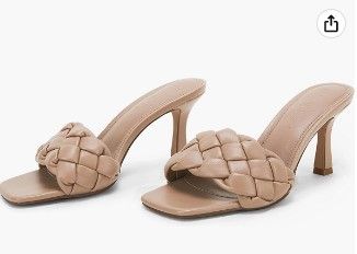 Photo 1 of LAICIGO Women’s Square Open Toe Woven Mule Heeled Sandals Braided Stiletto Slip On High Heel Quilted Leather Slides, 11