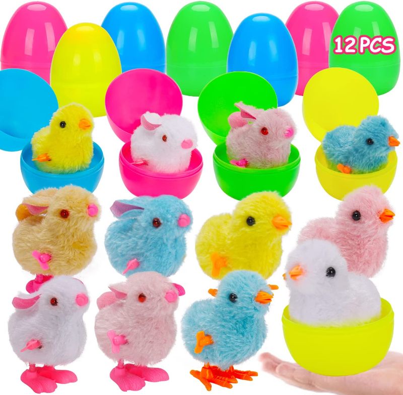 Photo 1 of 12PCS Large Filled Easter Eggs with Toys Inside 12 Wind-Up Chicks Bunnies Easter Basket Stuffers for Toddler Boys Girls Plastic Easter Egg Fillers Easter Gifts for Kids Easter Party Favors Hunt Games
