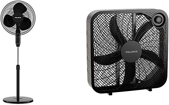 Photo 1 of PELONIS 16'' Pedestal Remote Control, Oscillating Stand Up Fan 7-Hour Timer, Supreme 16"-Black & PFB50A2ABB-V 3-Speed Box Fan for Full-Force Circulation with Air Conditioner, Black, 2020 New Model
