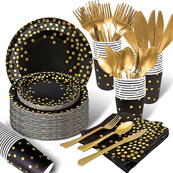 Photo 1 of 175PCS Black and Gold Party Supplies, Severs 25 Disposable Party Dinnerware, Gold Plastic Forks Knives Spoons and Golden Dot Black Paper Plates, Black Napkins Cups for Graduation, Birthday, Wedding
