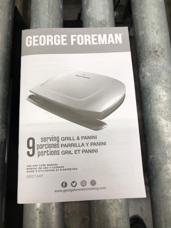 Photo 1 of George Foreman 9-Serving Basic Plate Electric Grill and Panini Press, 144-Square-Inch, Platinum, GR2144P
