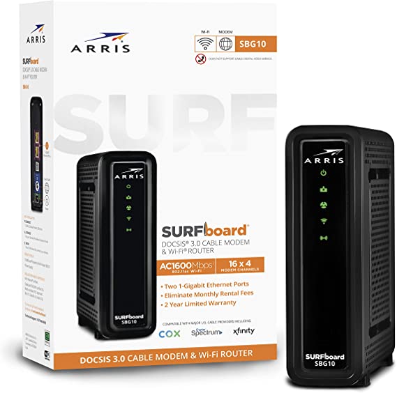 Photo 1 of ARRIS SURFboard SBG10 DOCSIS 3.0 Cable Modem & AC1600 Dual Band Wi-Fi Router, Approved for Cox, Spectrum, Xfinity & others (black)
