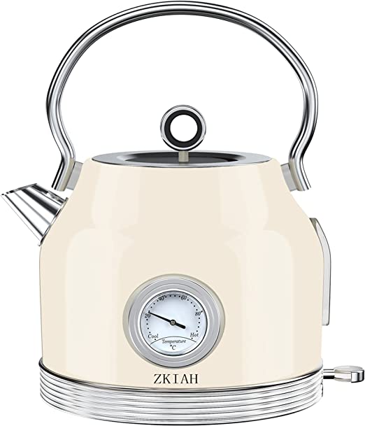 Photo 1 of Electric Kettle Stainless Steel, Retro Water Boiler with Filter Thermometer Water Level Indicator LED Switch, Auto Shut-Off and Boil-Dry Protection (Beige)
