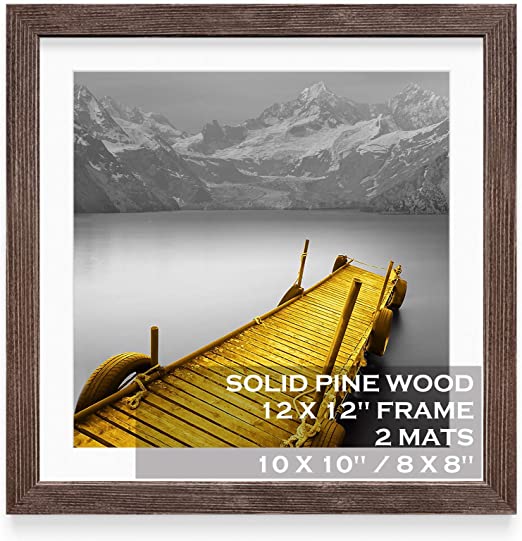 Photo 1 of 12x12 Picture Frames Solid Wood Rustic Walnut Display Pictures 10x10 or 8x8 with Mat or 12x12 without Mat - 12x12 Inch Square Photo Frames with 2 Mats for Wall or Tabletop Mount, 1 Pack
