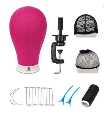 Photo 1 of 22 Inch Canvas Block Head Mannequin Wig Head With Stand Pink Styling Mannequin Block Head Set Display Mannequin Head with Mount Holes(Rosy Head)
