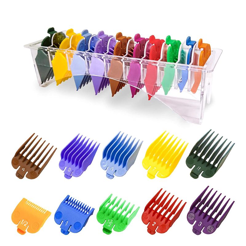 Photo 1 of 10 Professional Hair Clipper Guards Cutting Guides Fits for Most Wahl Clippers with Organizer, Color Coded Clipper Combs Replacement - 1/16" to 1"
