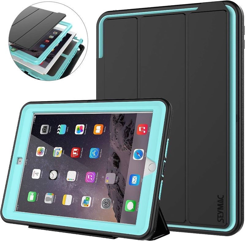 Photo 1 of SEYMAC iPad 6th/5th Generation Case, Three Layer Heavy Duty Shockproof Protective Case with Multi-Angle Viewing Stand Smart Cover Auto Sleep/Wake for iPad 9.7 inch 2018/ 2017 Black/Light Blue
