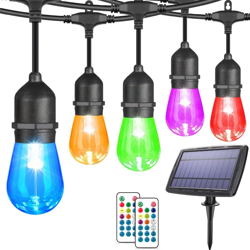 Photo 1 of 48FT RGB Solar String Lights Outdoor, Dimmable Solar Powered Patio Lights with Remote, Waterproof Multi-Color Solar String with 15 Hanging Sockets, Edison Bulbs for Cafe Pergola Yard Party
