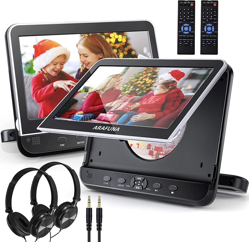 Photo 1 of Dual Car DVD Player with Headrest Mount, ARAFUNA Two Headrest DVD Player with 2 Headphones, Support 1080P Video, HDMI Input, AV in/Out, Include AC Adapter, Car Charger, RCA Cable, AV Cable (10.5" x 2)
