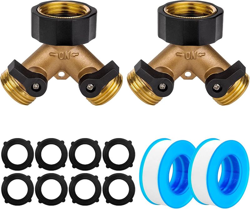 Photo 1 of 2Pack Hose Splitter, Heavy Duty Garden Hose Splitter 2 Way Y Valve Hose Connector Splitter Brass Garden Hose Adapter With Extra 8 Rubber Washers And 20-Meterteflon Tape, Fit For Faucet And Garden Hose