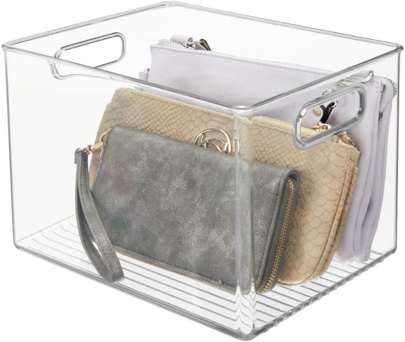 Photo 1 of **4 BINS**
10" x 8" x 7.75"   Plastic Storage Organizer Container Bin, Closet Organization for Hallway, Bedroom, Linen, Coat, and Entryway - Holds Clothing, Blankets, Toys, and Accessories, Ligne Collection, Clear
