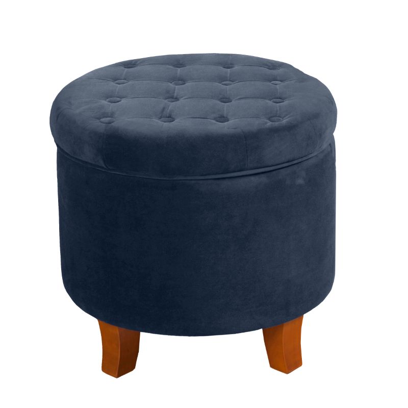 Photo 1 of 18" DIAMETER 
HomePop Round Transitional Wood and Velvet Ottoman with Storage in Dark Blue
