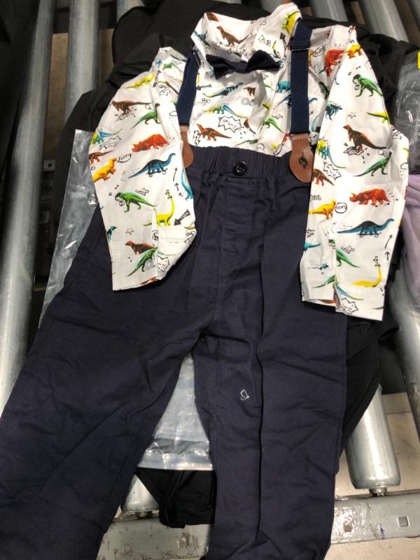 Photo 2 of BOYS TODDLER SIZE 2/3 T
JOOM TODDLERS BOYS DINOSAUR GENTLMAN BOWTIE SHIRT ROMPER  SUSPENDERS PANTS SET