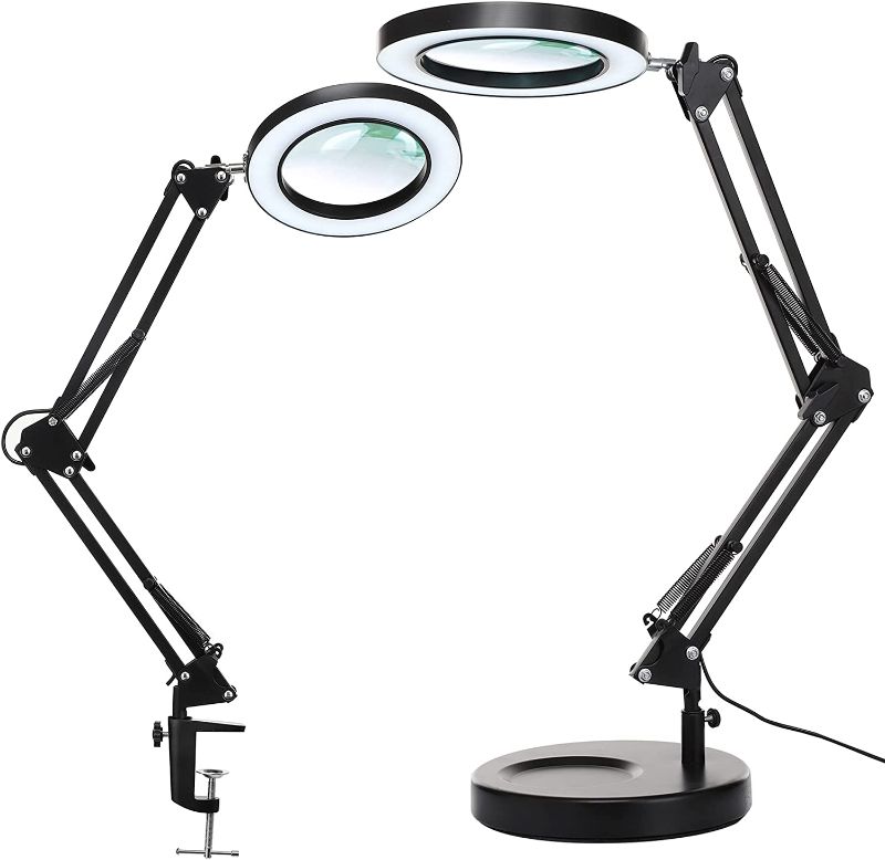 Photo 1 of Magnifying Glass with Light and Stand, KIRKAS 2-in-1 Stepless Dimmable LED Magnifying desk Lamp with Clamp, 3 Color Modes Lighted Magnifier Lens Swivel Arm Light for Reading, Craft, Close Works -Black
