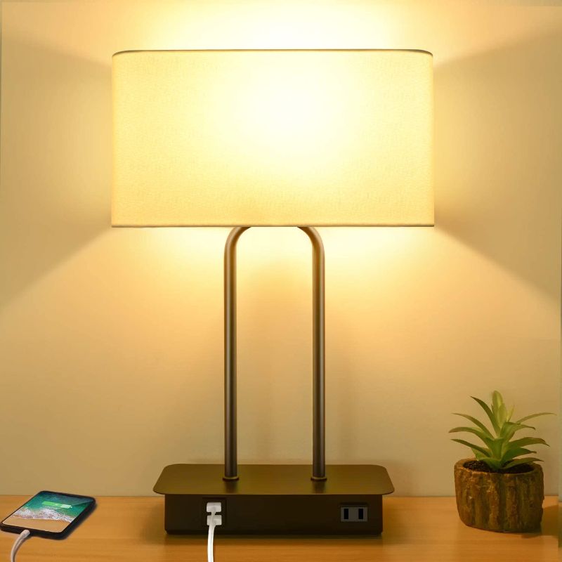 Photo 1 of 3-Way Dimmable Touch Control Table Lamp with 2 USB Ports and AC Power Outlet Modern Bedside Nightstand Lamp Fabric Shade and Metal Base for Guestroom Bedroom Living Room Hotel LED Bulb Included White
