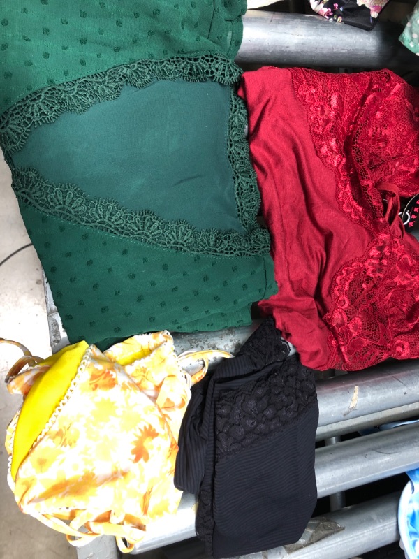 Photo 1 of ASSORTED LADIES CLOTHES/UNDER GARMENTS SIZE LARGE
BLOUSE, 3 PIECE BLACK UNDERPANTS, RED SLEEPING GOWN, YELLOW BIKINI