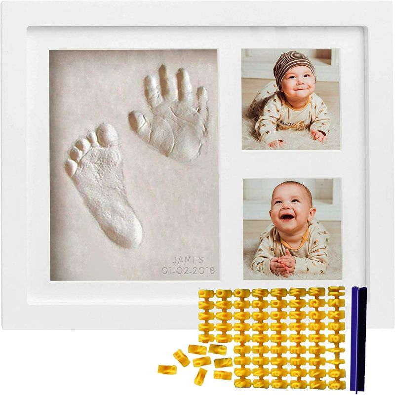 Photo 1 of Co Little Baby Handprint & Footprint Kit (Date & Name Stamp) Clay Hand Print Picture Frame for Newborn - Best New Mom Gift - Foot Impression Photo Keepsake for Girl & Boy - White Feet Imprint Mold
