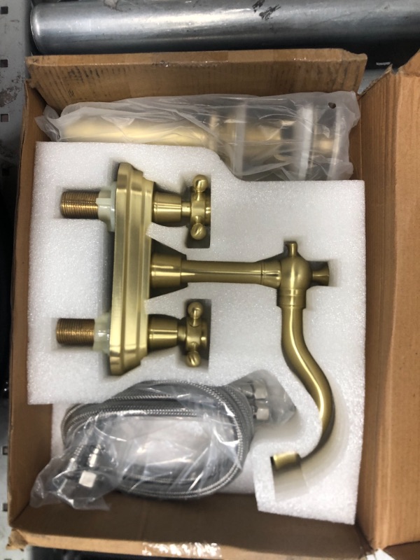 Photo 2 of  Brass Wall Mount Bathroom Faucet Brushed Gold, Two Handle Wall Mounted Bathroom Sink Faucet with Rough-in Valve