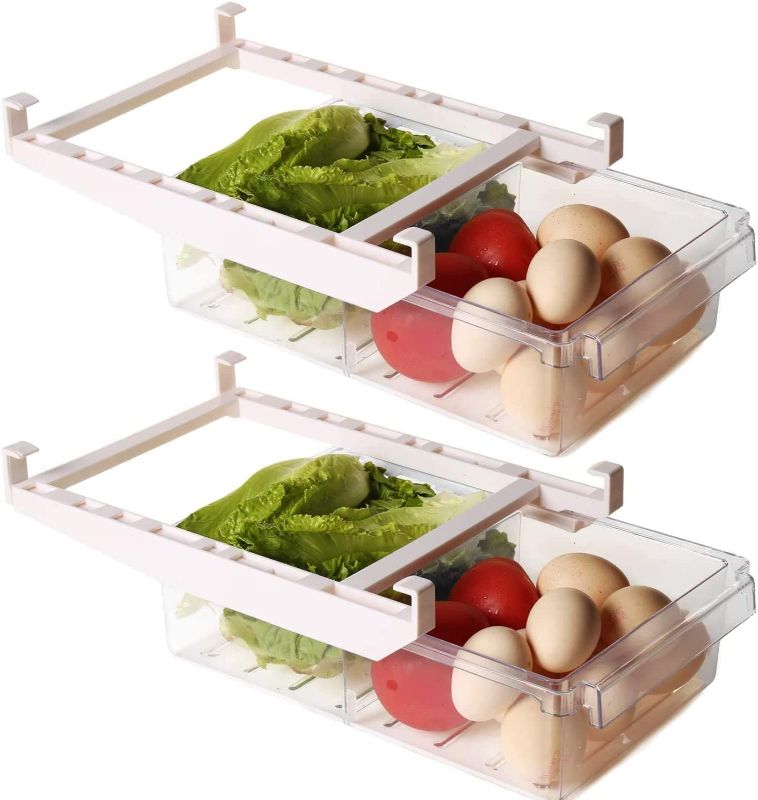 Photo 1 of  2 Pack Refrigerator Organizer Bins with Handle, Pull-out Fridge Drawer Organizer, Freely Pullable Refrigerator Storage Box with 2 Divided Sections, Fit for 0.6'' Fridge Shelf