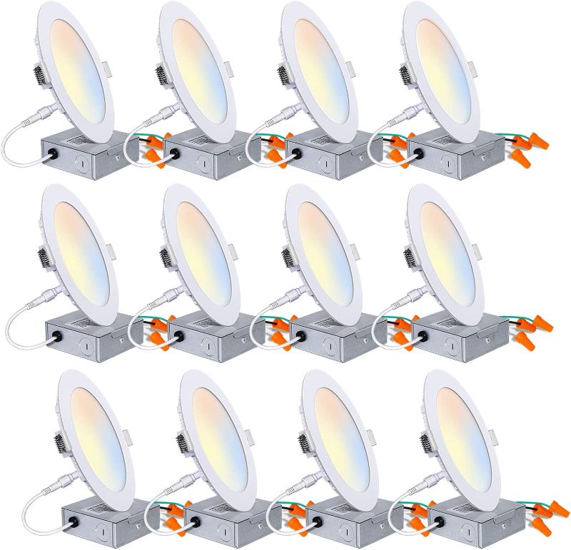 Photo 1 of 12 Pack 6 Inch 5CCT LED Recessed Ceiling Light W/ Junction Box, 2700K-5000K Color Temperature Selectable, CRI90, 14W=100W, 1100lm, Dimmable Ultra-Thin Recessed Lighting Can-Killer Downlight