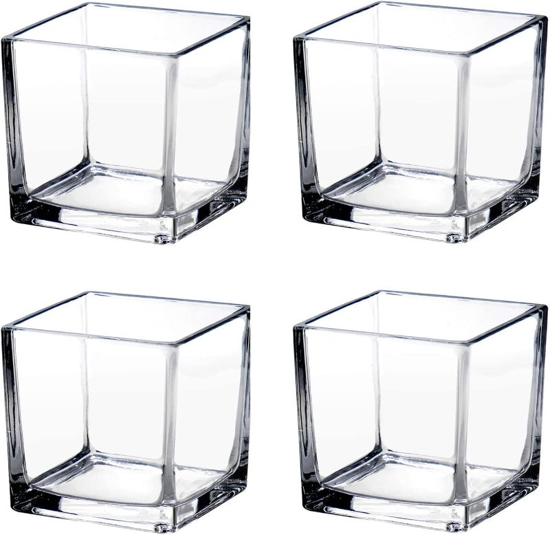 Photo 1 of square Glass Vases 4"x4" Clear Cube Flower Vase for Wedding Centerpiece Candle Holder Home Decor, Set of 4
