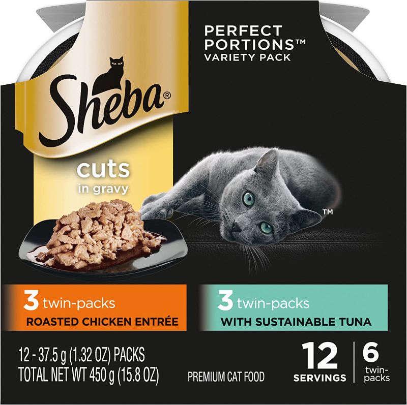 Photo 1 of ** best by 02/2024 SHEBA PERFECT PORTIONS Soft Wet Cat Food Cuts in Gravy Signature Tuna Entrée & Roasted Chicken Entrée Variety Pack, (6 Twin Pack each). Easy Peel, 6 Twin-Pack Trays (Pack of 2)