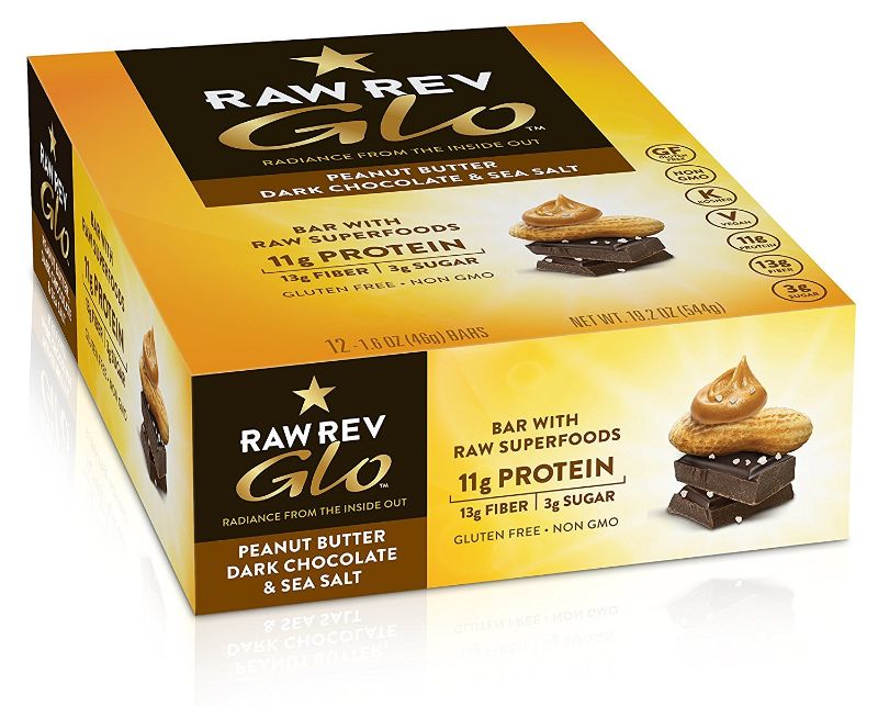 Photo 1 of ** exp 07/02/2023 Raw Rev Glo, Vegan High Protein Bars, Peanut Butter Dark Chocolate & Sea Salt, 11g Plant Based Protein, 3g Sugar, 13g Fiber, Keto-Friendly, Gluten-Free, Non-GMO, 1.6 Oz (Pack of 12)