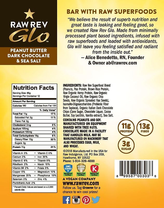 Photo 2 of ** exp 07/02/2023 Raw Rev Glo, Vegan High Protein Bars, Peanut Butter Dark Chocolate & Sea Salt, 11g Plant Based Protein, 3g Sugar, 13g Fiber, Keto-Friendly, Gluten-Free, Non-GMO, 1.6 Oz (Pack of 12)