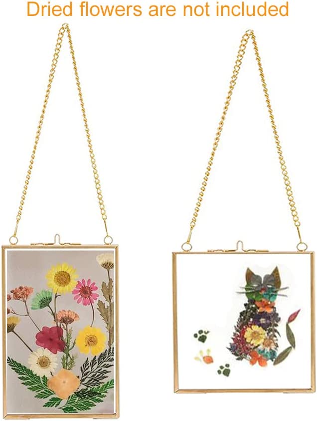 Photo 1 of 4 PCS Glass Frame for DIY Pressed Flowers Art - Brass Hanging Photo Picture Frame - Golden Floating Glass Frame with Chain - Pressed Flower Collage Glass Craft Frames for Wall Decor Display Gallery