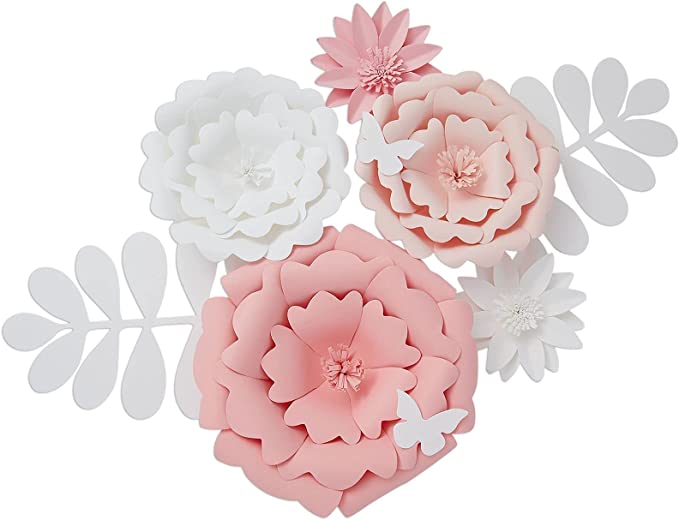 Photo 1 of 3D Paper Flowers Wall Decor, Pink and White Party Decorations (2 Sizes, 9 Pieces)
