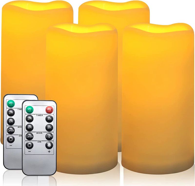 Photo 1 of Lezonic Outdoor Waterproof Flameless Pillar Candles, LED Battery Operated Candles with Timer and Remote, Pack of 4 Ivory Flickering Flameless Candles Warm Yellow Light(D:3×H:6) for Lanterns
