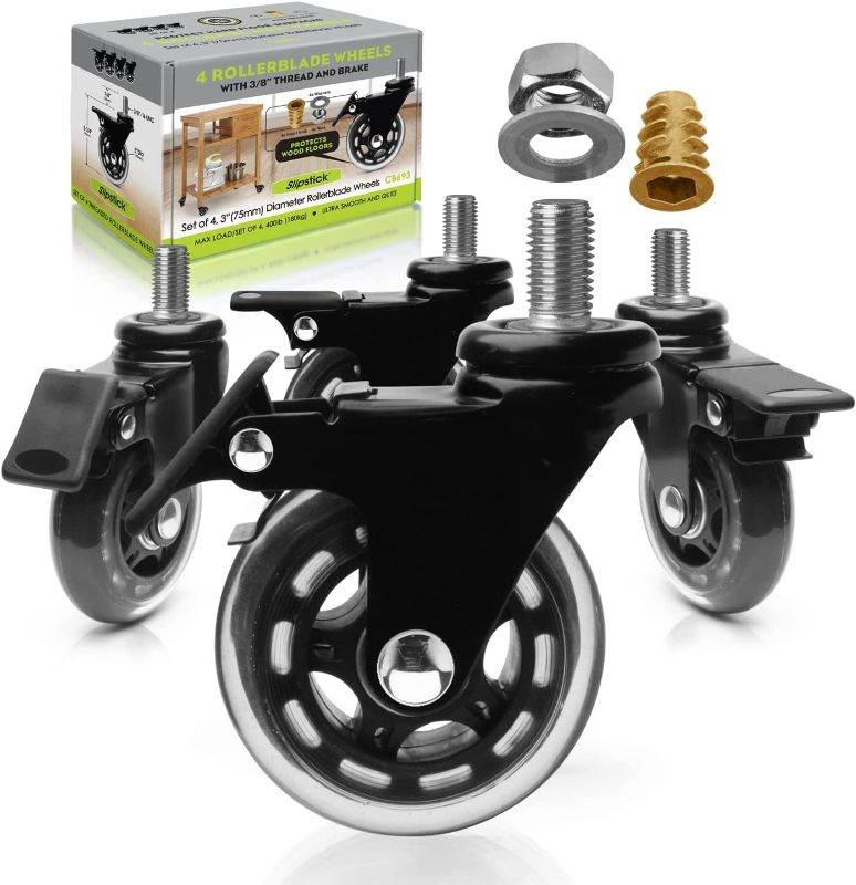 Photo 1 of Slipstick CB693 Premium 3 Inch Rubber Caster Wheels with Brake (4 Pack) Replacement Rollerblade Style Swivel Casters with 3/8”– 16x1” Threaded Stem, Includes Mounting Hardware, Black/Clear Castor
