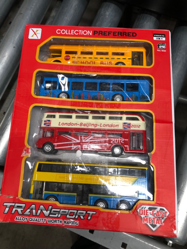 Photo 2 of Bus Toys Pull Back School Bus Double Decker London Vehicles City Sightseeing Tour Bus Die Cast Metal Toy Cars Friction Powered Play Vehicle Toy Set for Kids 4 Pack
