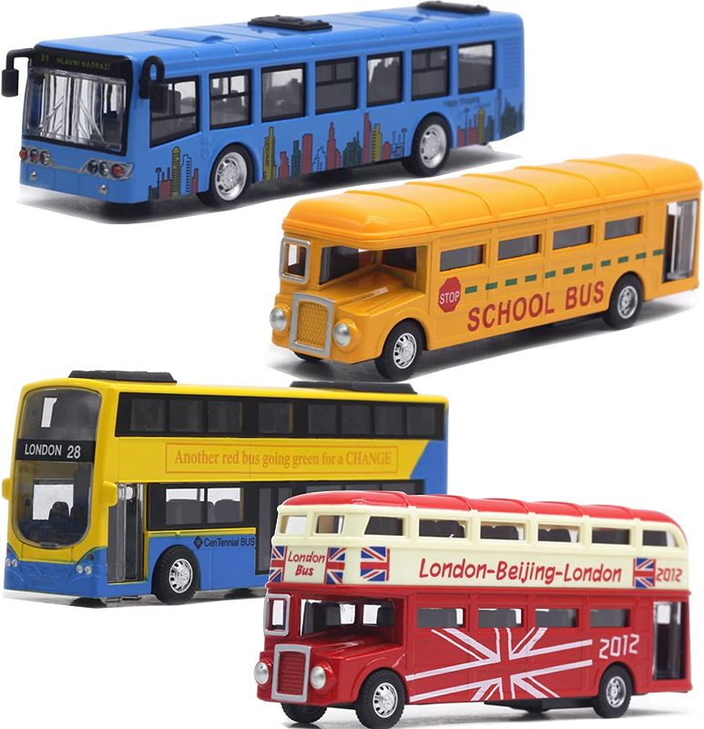 Photo 1 of Bus Toys Pull Back School Bus Double Decker London Vehicles City Sightseeing Tour Bus Die Cast Metal Toy Cars Friction Powered Play Vehicle Toy Set for Kids 4 Pack
