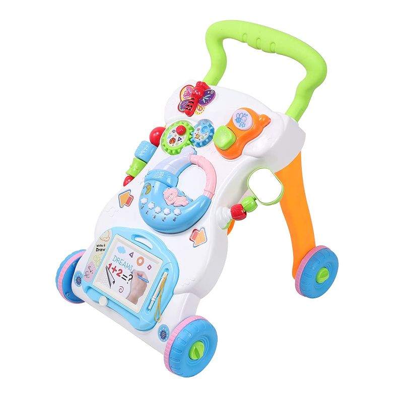 Photo 1 of 2 in 1 Sit to Stand Baby Walker with Music and Light, Toddler Push Walking Toys with Removable Drawing Board, Music Piano, Mini Phone for 6 Months Up Baby Boys Girls
