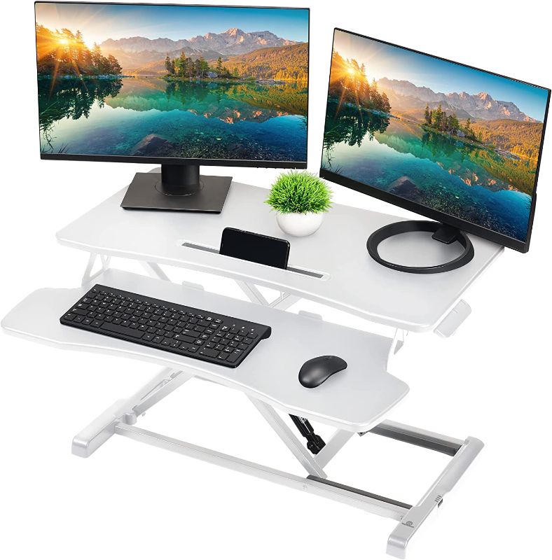 Photo 1 of TechOrbits Computer Desk Converter-32-inch Height Adjustable, MDF Wood, Sit-to-Stand Riser-White, 32"