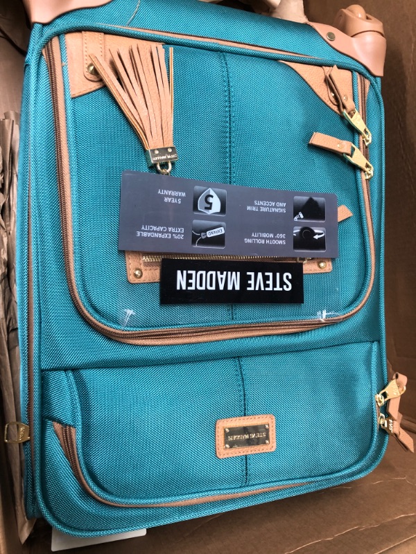 Photo 3 of ***MINOR STAIN*** Steve Madden Designer 20 Inch Carry On Luggage Collection - Lightweight Softside Expandable Suitcase for Men & Women - Durable Bag with 4-Rolling Spinner Wheels (Harlo Teal Blue) Harlo Teal Blue 20in