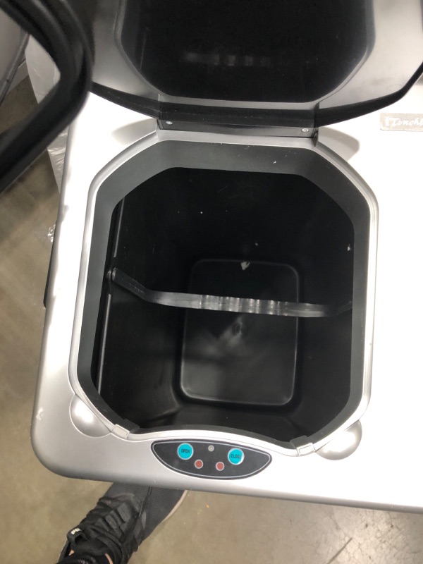 Photo 2 of *** MINOR DENT*** MISSING CHARGING CORD*** 16 Gal. Dual-Compartment Stainless Steel Touchless Trash Can and Recycling Bin (8 Gal each)