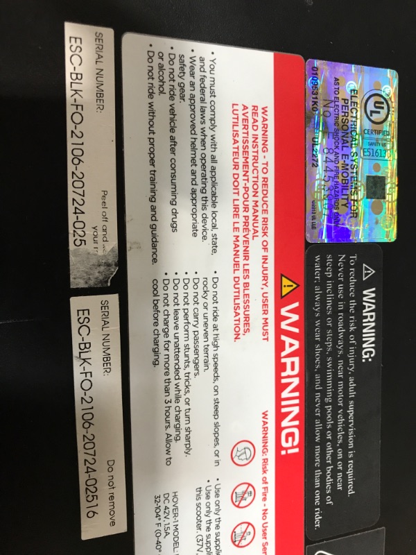 Photo 6 of *******DAMAGED***** Hover-1 Escape Electric Folding Scooter - 16 MPH Top Speed, 9 Mile Range, 250W Motor, 264lbs Max Weight, Electric/Mech Brakes, Cert. & Tested - Safe for Kids & Adults, Black