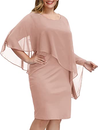 Photo 1 of Brand: Hanna Nikole Plus Size Dress for Women Chic Party Night Midi Bodycon Dress Chiffon Overlay Cape LARGE Pink