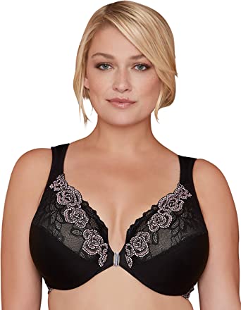 Photo 1 of Bramour by Glamorise Women's Full Figure Plus Size Underwire Front Close Rose Lace Bra-Brooklyn #7002 48C